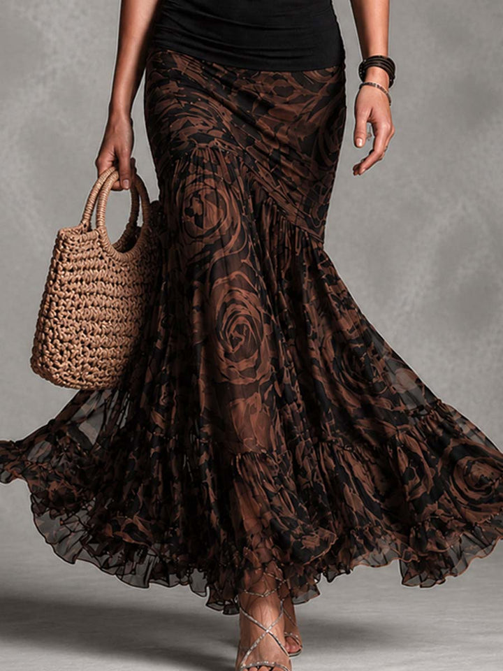 Retro black strappy top and brown printed mesh skirt set