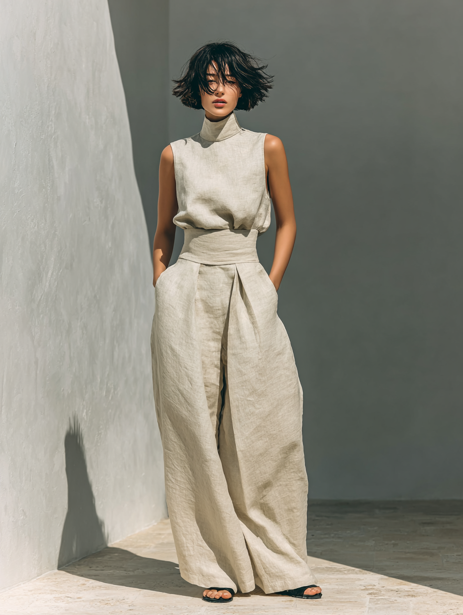 Set composto da camicetta senza maniche e pantaloni a gamba larga in misto cotone e lino. - Maison Léa &amp; Lou