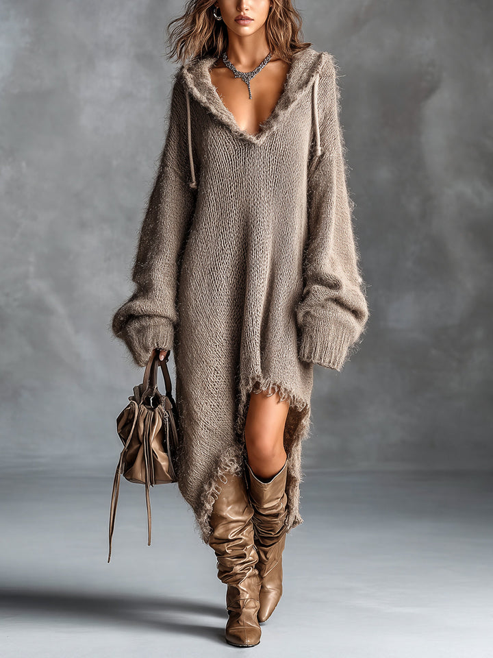 Fleece Knit Midi Dress with Hood