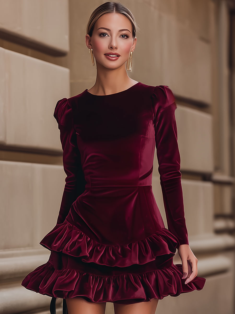 Aurelia | Burgundy Velvet Ruffle Dress - Maison Léa & Lou