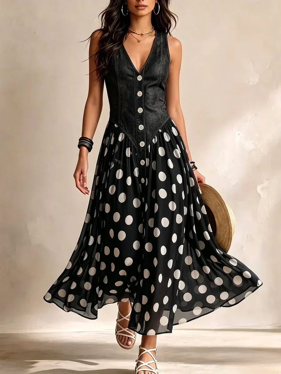 Adeline | Long Denim Dress with Polka Dots