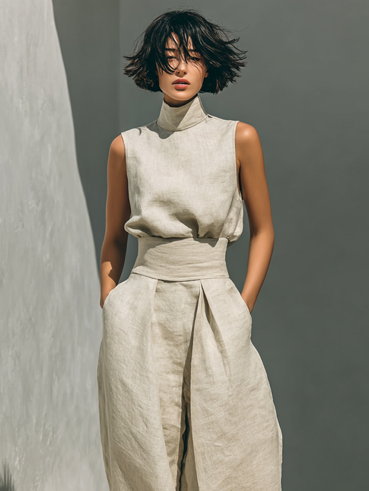 Set composto da camicetta senza maniche e pantaloni a gamba larga in misto cotone e lino. - Maison Léa &amp; Lou