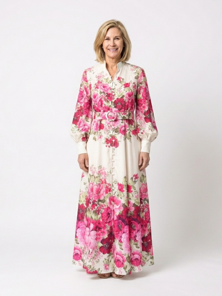 Kennedy - Long Sleeve Floral Belted Maxi Dress