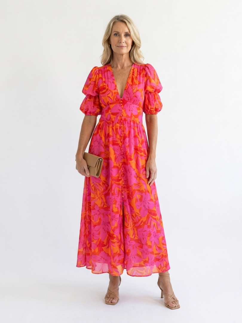 Willow | Floral V Neck Puff Sleeve Midi Dress - Maison Léa & Lou