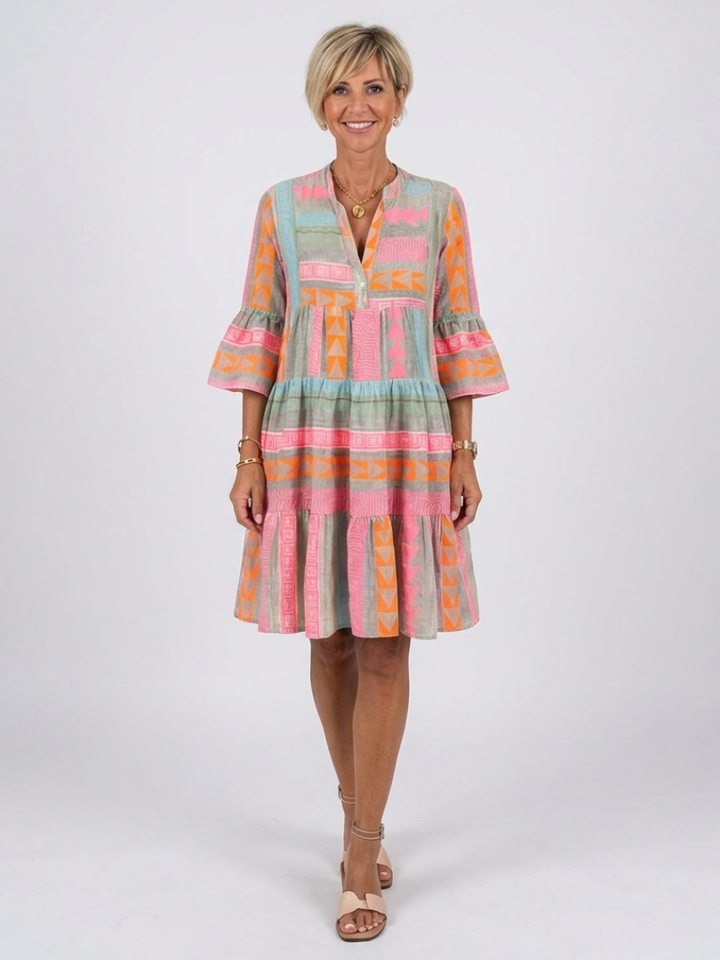 Maelle | Geometric Print V Neck Tiered Knee Length Dress - Maison Léa &amp; Lou
