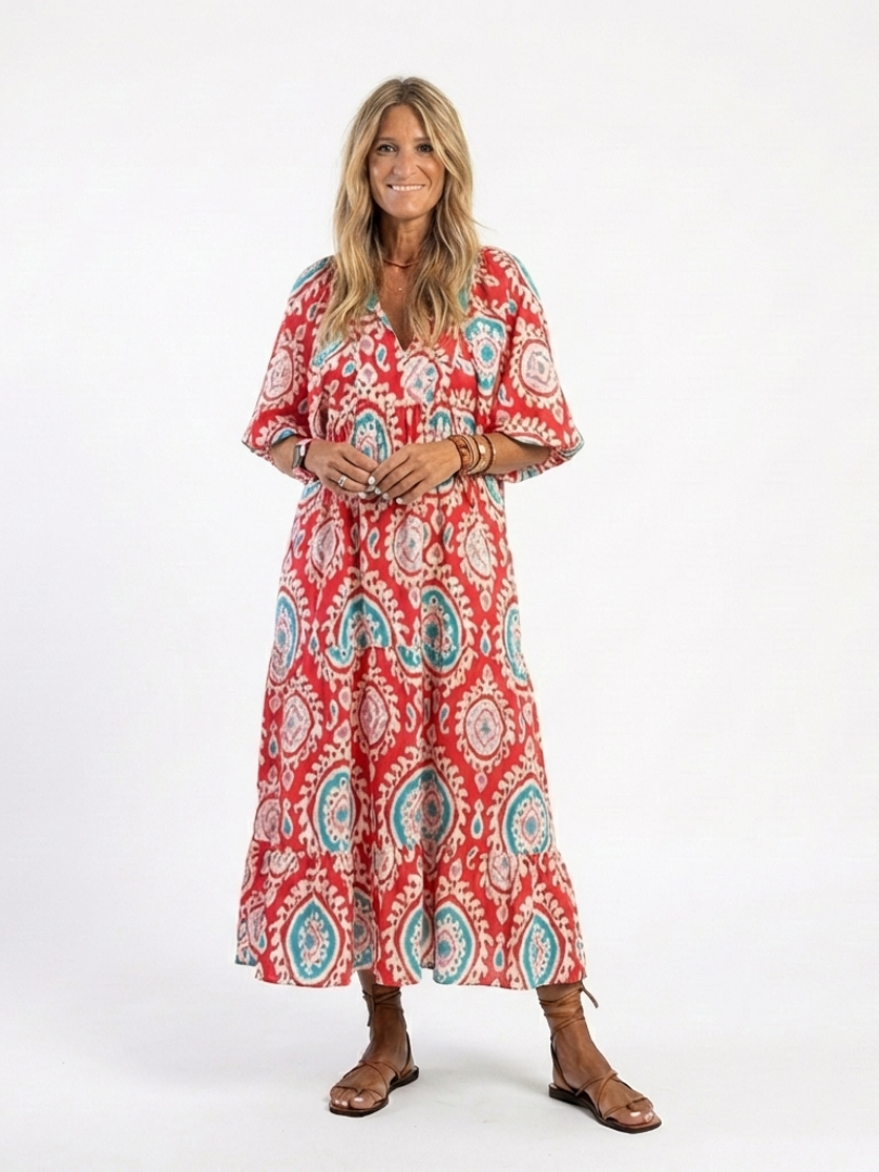 ZARIA | PAISLEY PRINT V NECK SHORT SLEEVE MIDI DRESS - Maison Léa & Lou