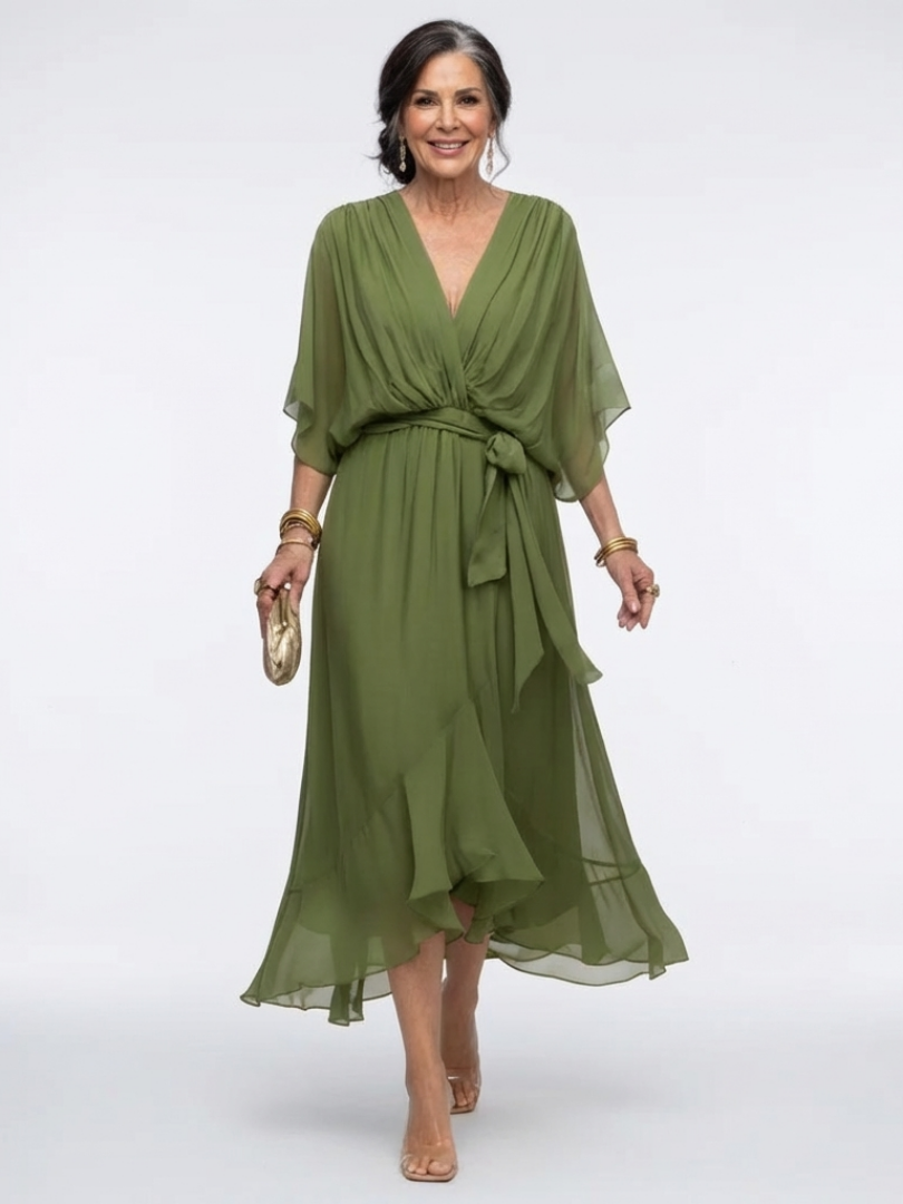 Elysia | V Neck Draped Waist Tie Midi Dress - Maison Léa & Lou