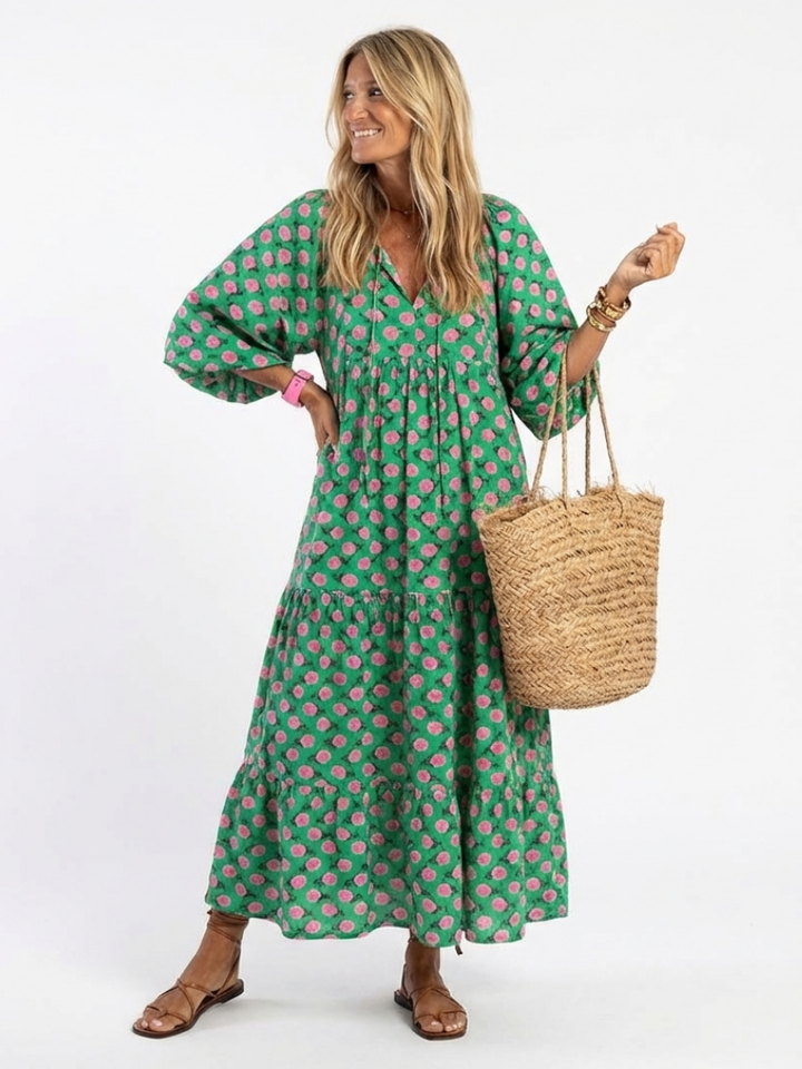 FIORA | FLORAL PRINT V NECK TIERED MIDI DRESS - Maison Léa &amp; Lou