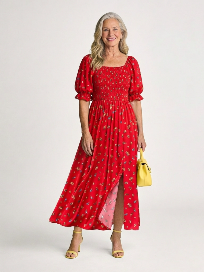 Delphine | Square Neck Floral Puff Sleeve Midi Dress - Maison Léa & Lou