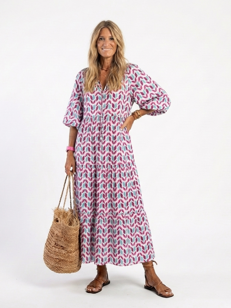 MIREYA | GEOMETRIC PRINT LONG SLEEVE TIERED MIDI DRESS - Maison Léa & Lou