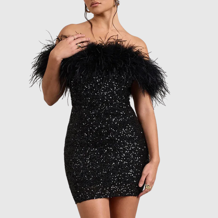 Adriana | Elegant Off-Shoulder Glitter Dress - Maison Léa &amp; Lou