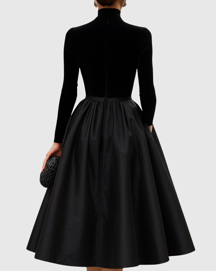 Aradia - Elegant Black Velvet and Satin Midi Dress - Maison Léa &amp; Lou