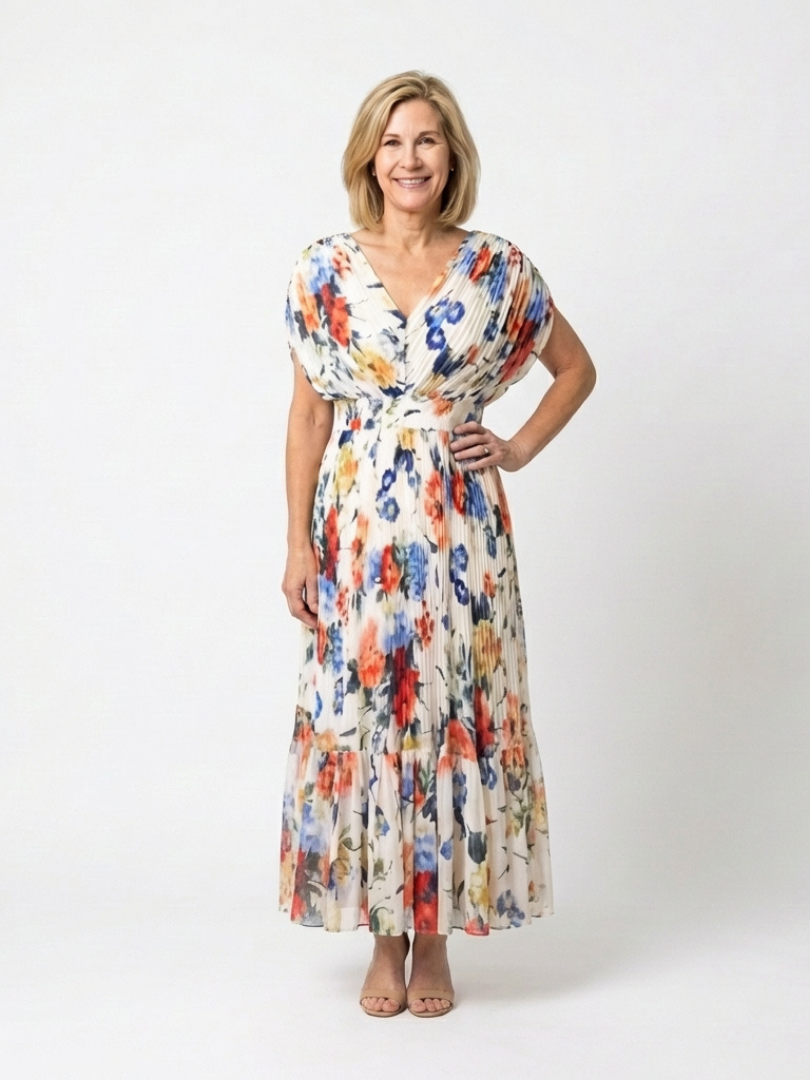 Savannah | Short Sleeve Pleated Floral Midi Dress - Maison Léa & Lou