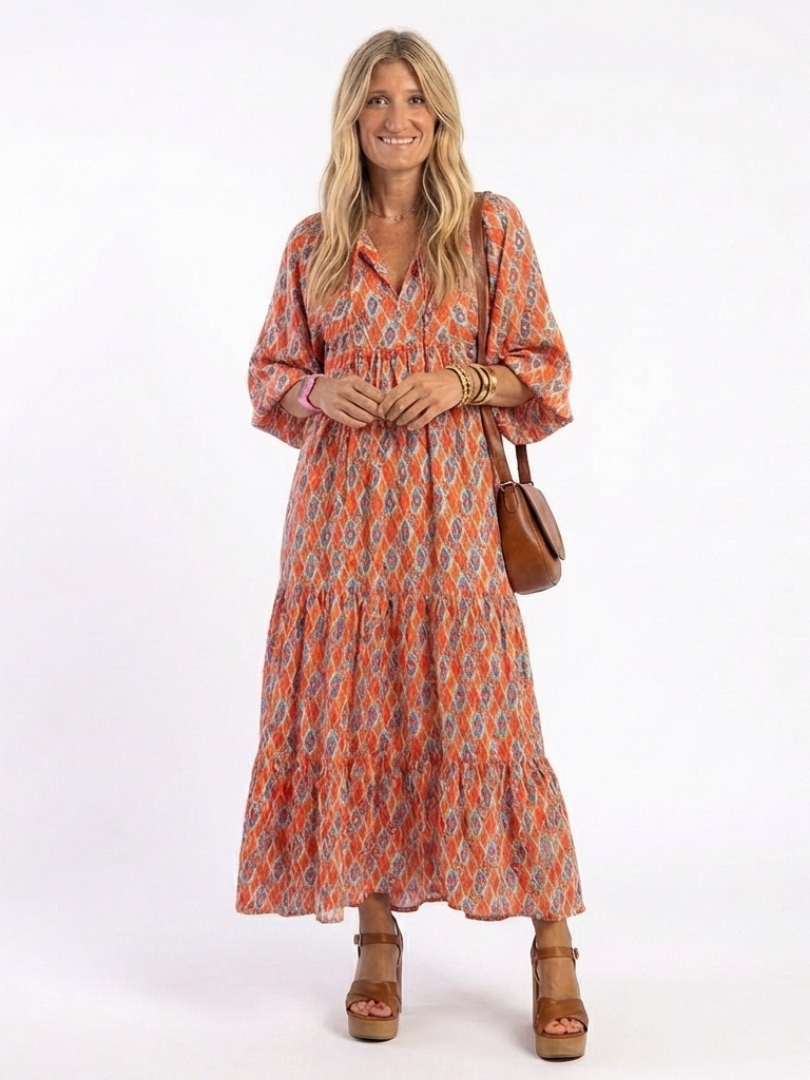 AMARA | GEOMETRIC PRINT V NECK TIERED MIDI DRESS - Maison Léa & Lou