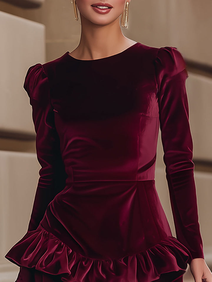 Aurelia | Burgundy Velvet Ruffle Dress - Maison Léa &amp; Lou