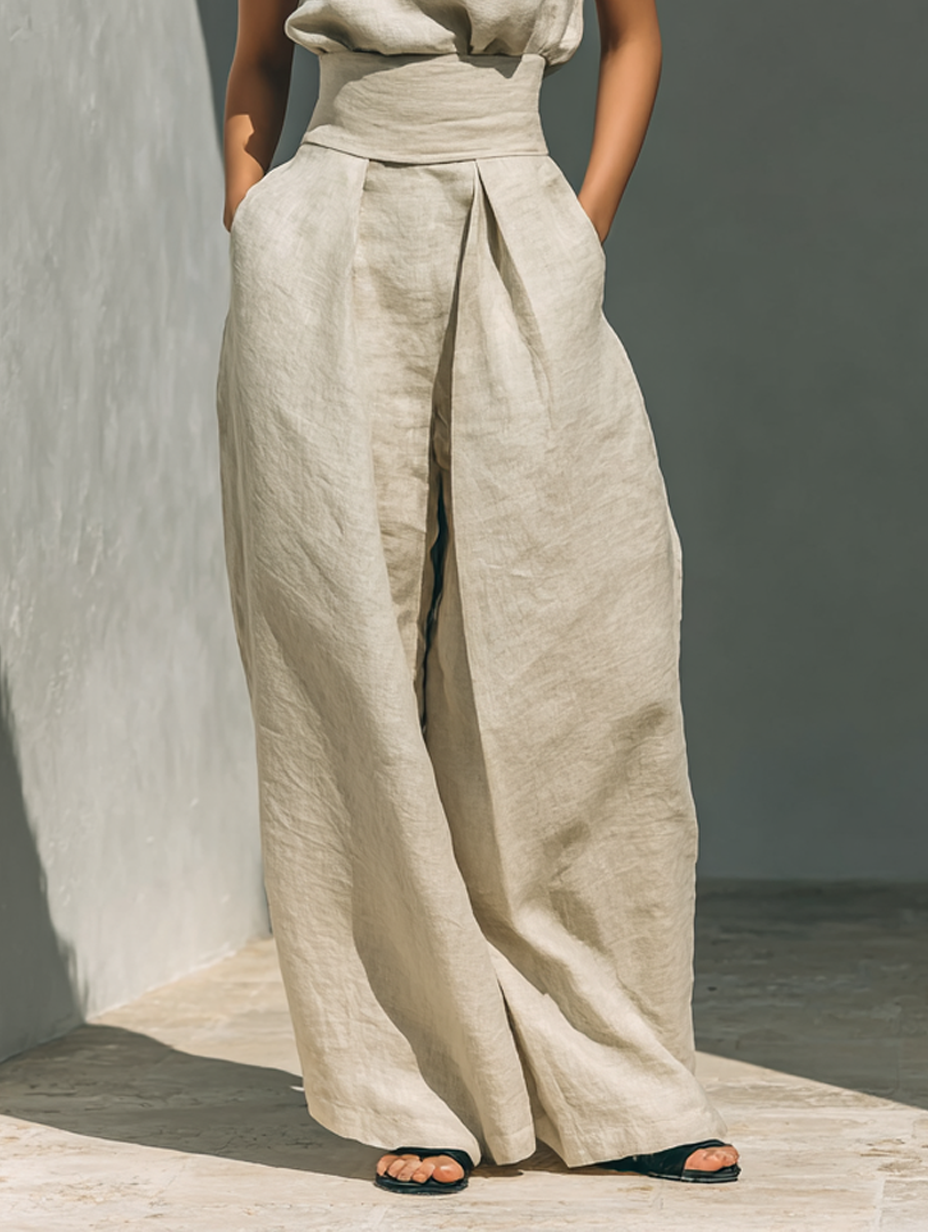 Set composto da camicetta senza maniche e pantaloni a gamba larga in misto cotone e lino. - Maison Léa &amp; Lou