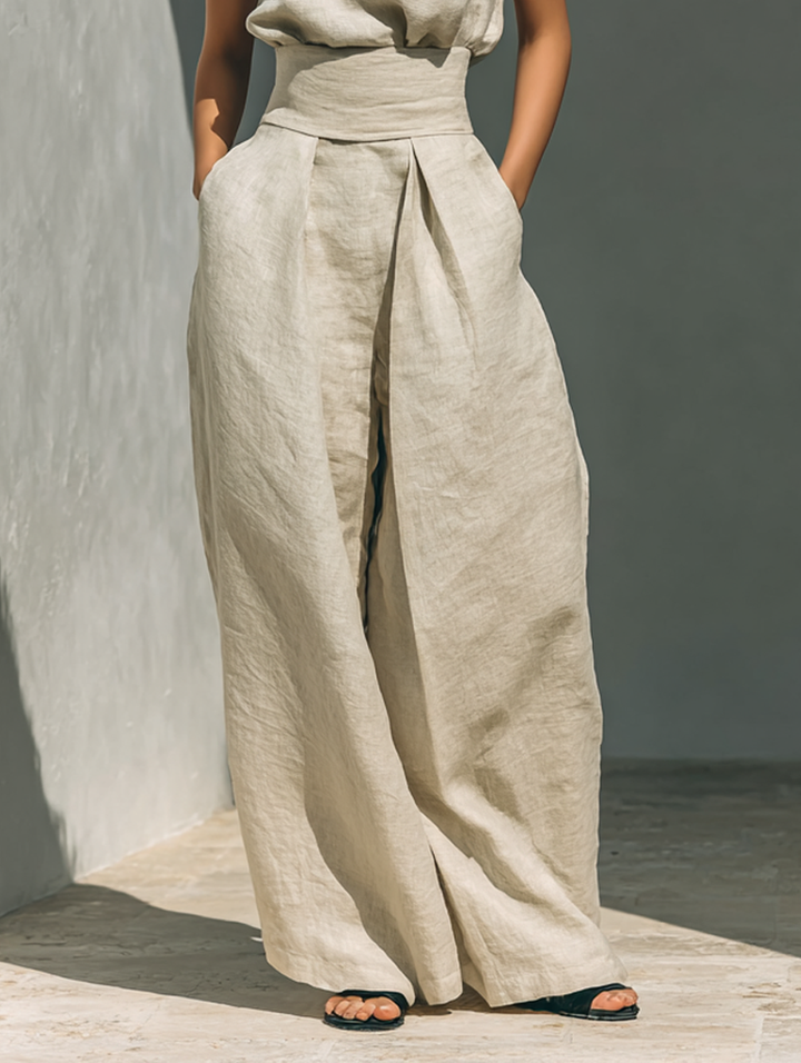 Set composto da camicetta senza maniche e pantaloni a gamba larga in misto cotone e lino. - Maison Léa &amp; Lou