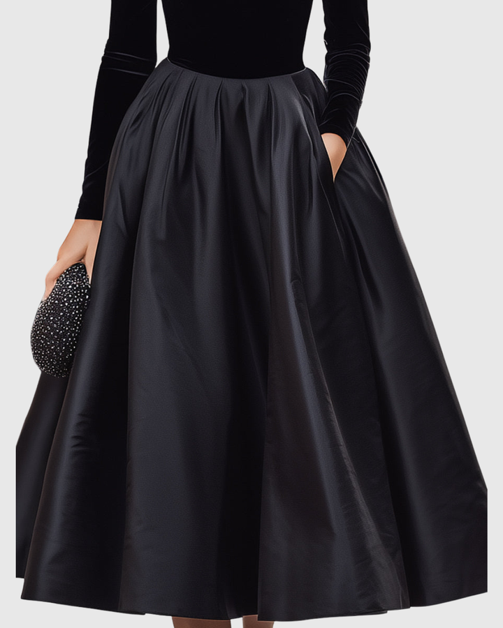 Aradia - Elegant Black Velvet and Satin Midi Dress - Maison Léa &amp; Lou