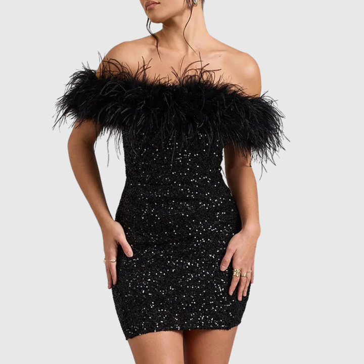 Adriana | Elegant Off-Shoulder Glitter Dress - Maison Léa &amp; Lou
