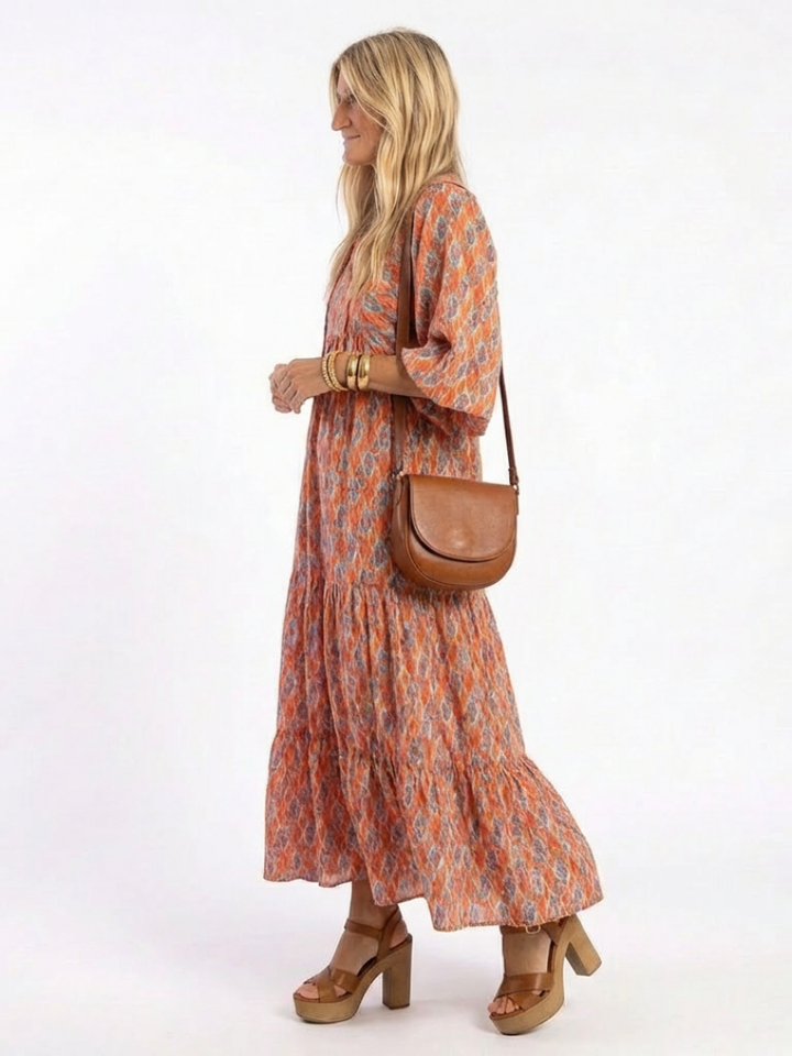 AMARA | GEOMETRIC PRINT V NECK TIERED MIDI DRESS - Maison Léa &amp; Lou
