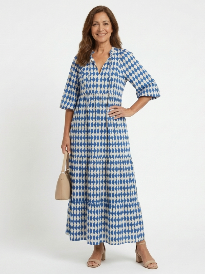 Elodie | Diamond Print Tiered Midi Dress - Maison Léa & Lou