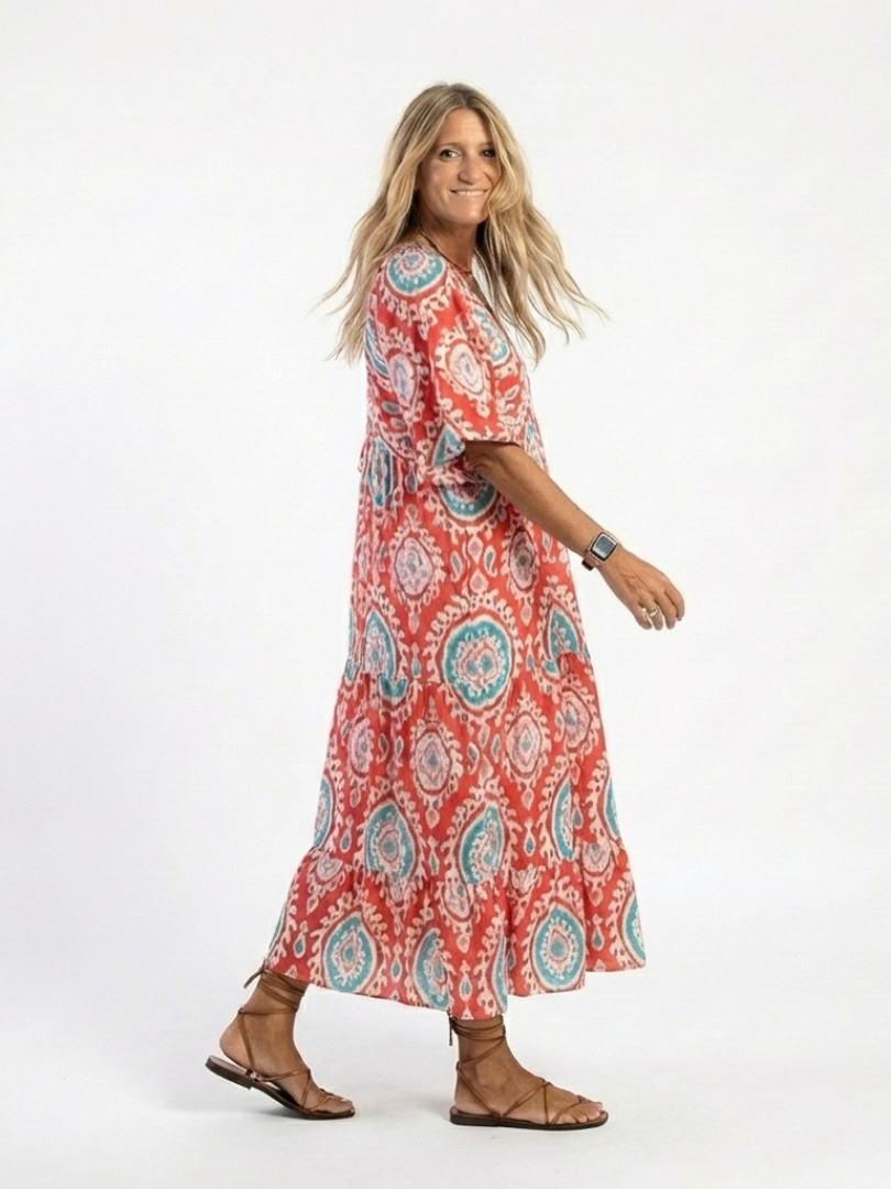 ZARIA | PAISLEY PRINT V NECK SHORT SLEEVE MIDI DRESS - Maison Léa &amp; Lou