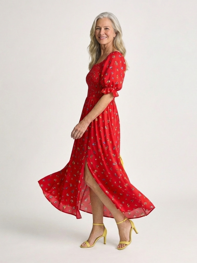 Delphine | Square Neck Floral Puff Sleeve Midi Dress - Maison Léa & Lou