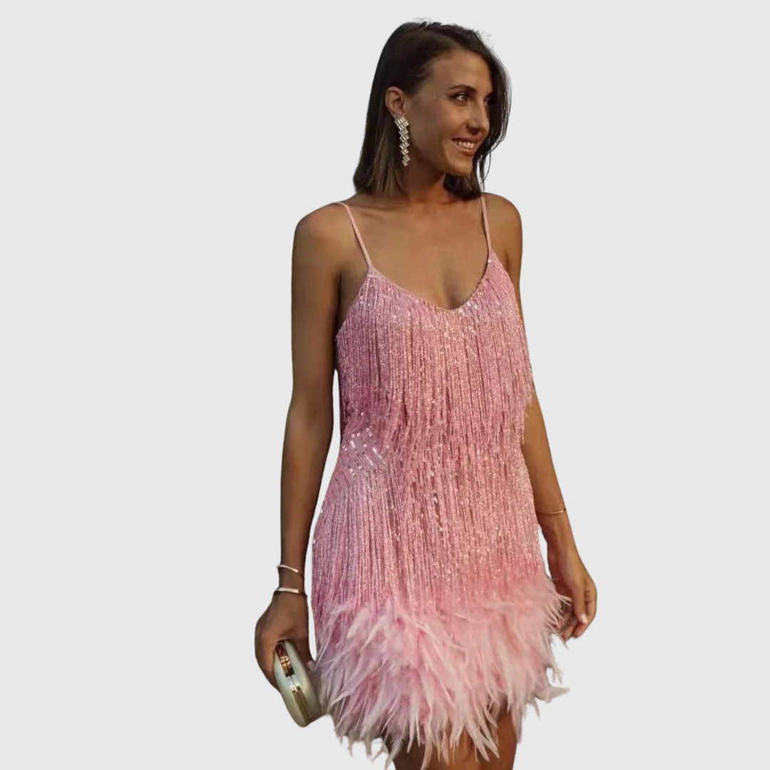 Isimay | Cocktail Dress with Feather Fringe - Maison Léa &amp; Lou