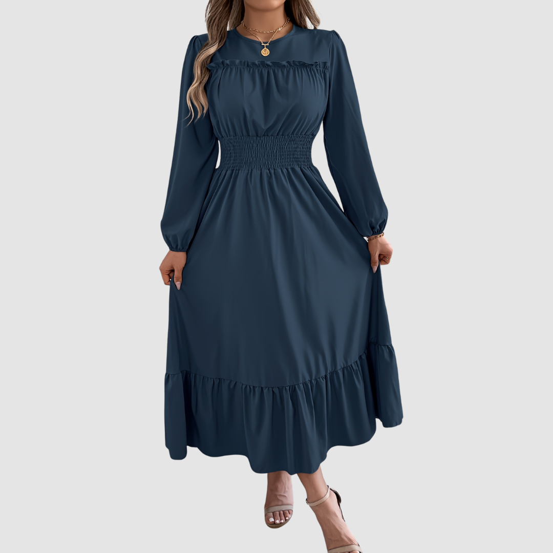 Isola Lane | Navy Ruffled Hem Midi Dress - Maison Léa &amp; Lou