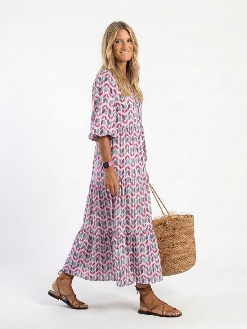 MIREYA | GEOMETRIC PRINT LONG SLEEVE TIERED MIDI DRESS - Maison Léa & Lou