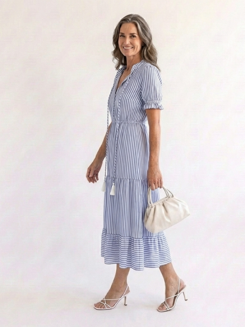 Dakota | Short Sleeve Striped Tiered Midi Dress - Maison Léa & Lou