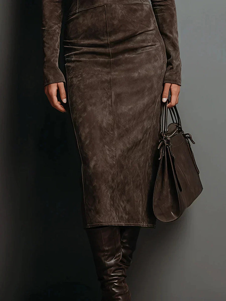 Selwynne | High-Neck Suede Maxi Dress - Maison Léa &amp; Lou