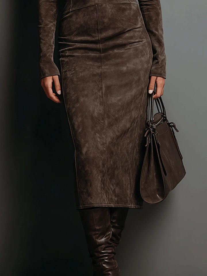 Lorène | Brown Midi Dress with Suede Effect