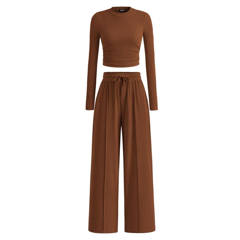 MIRELA™ - Ribbed Knit Long Sleeve Crop Top and Matching Pants Set