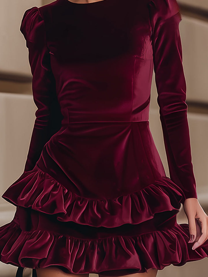 Aurelia | Burgundy Velvet Ruffle Dress - Maison Léa &amp; Lou