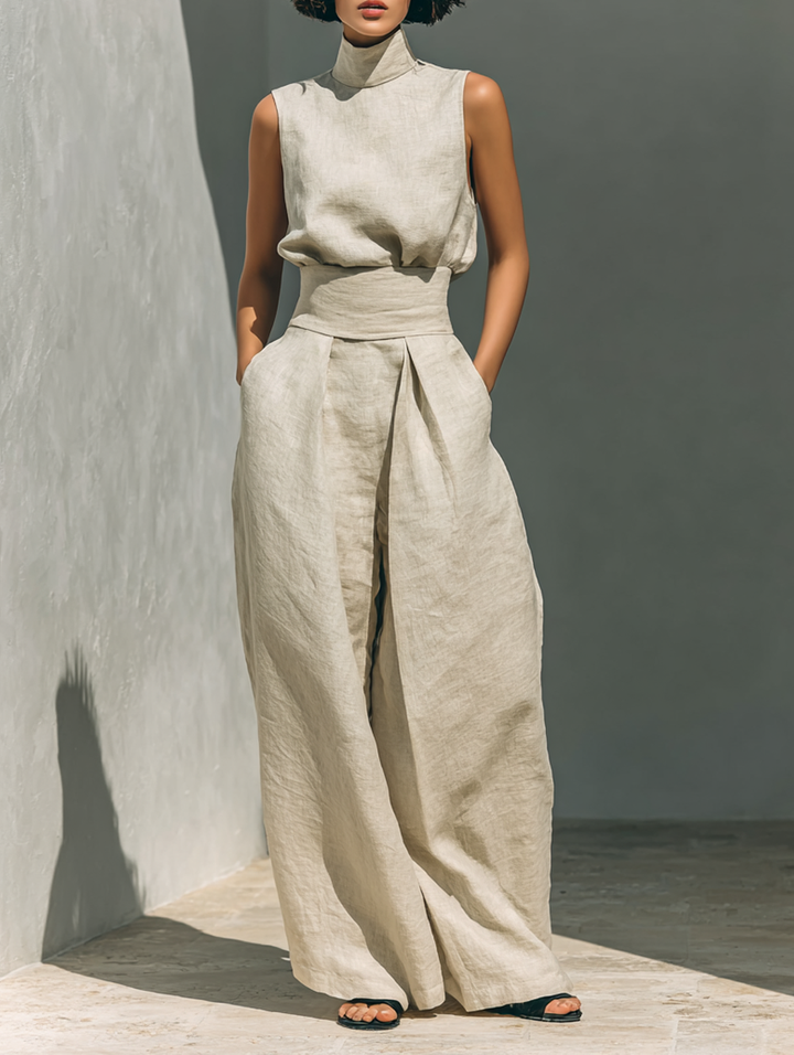Set composto da camicetta senza maniche e pantaloni a gamba larga in misto cotone e lino. - Maison Léa &amp; Lou