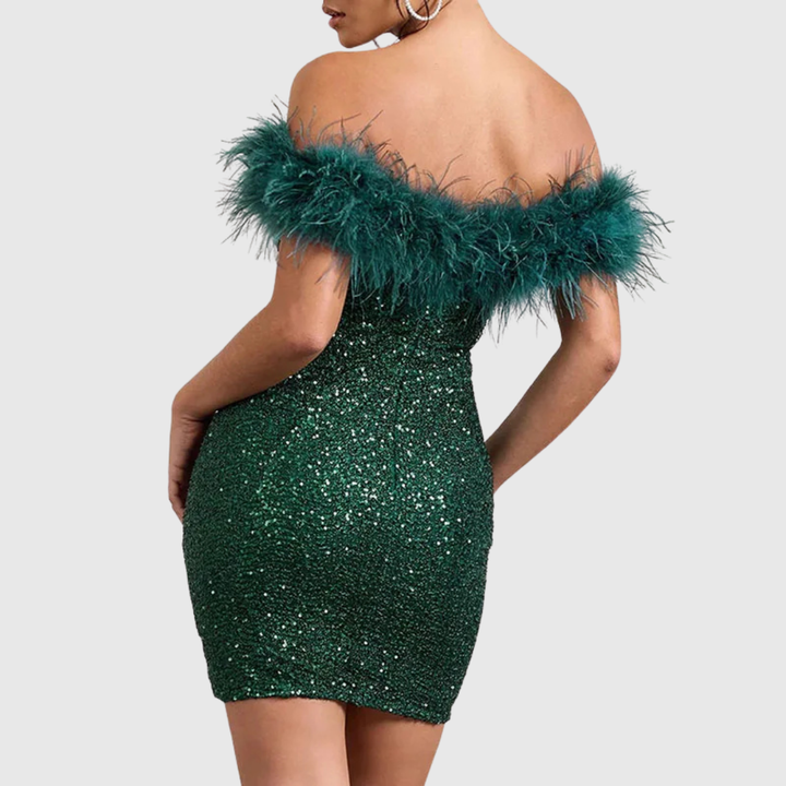 Adriana | Elegant Off-Shoulder Glitter Dress - Maison Léa &amp; Lou
