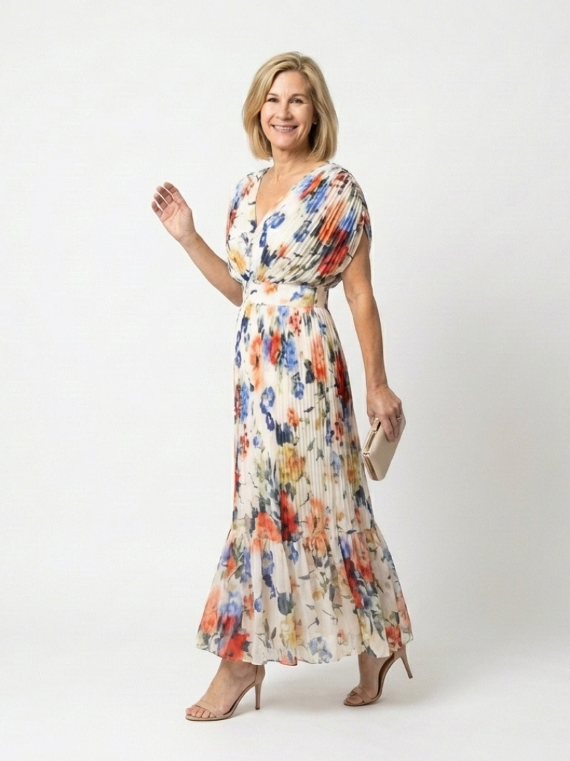 Savannah | Short Sleeve Pleated Floral Midi Dress - Maison Léa & Lou