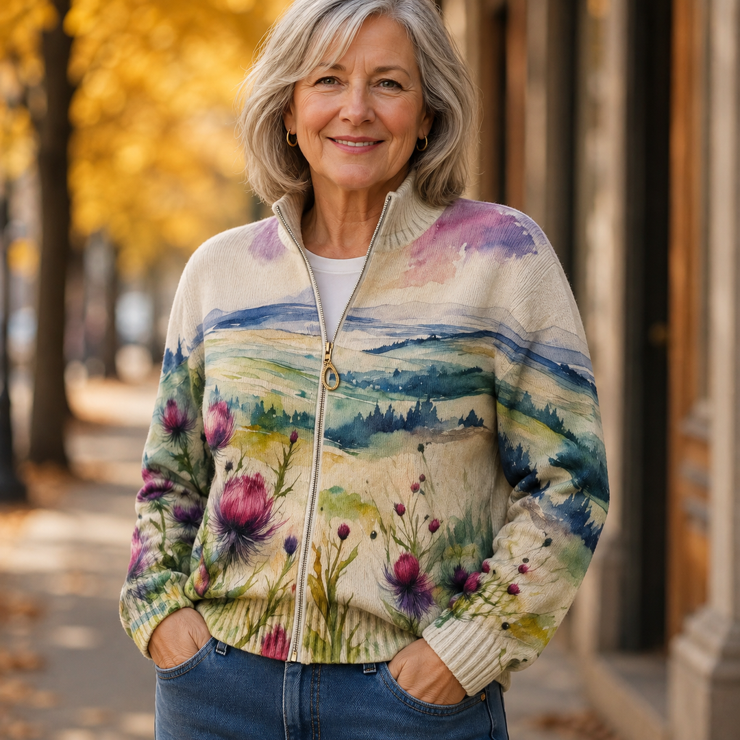 Zelda™ | Scottish Thistle Landscape Zip Cardigan - Maison Léa &amp; Lou