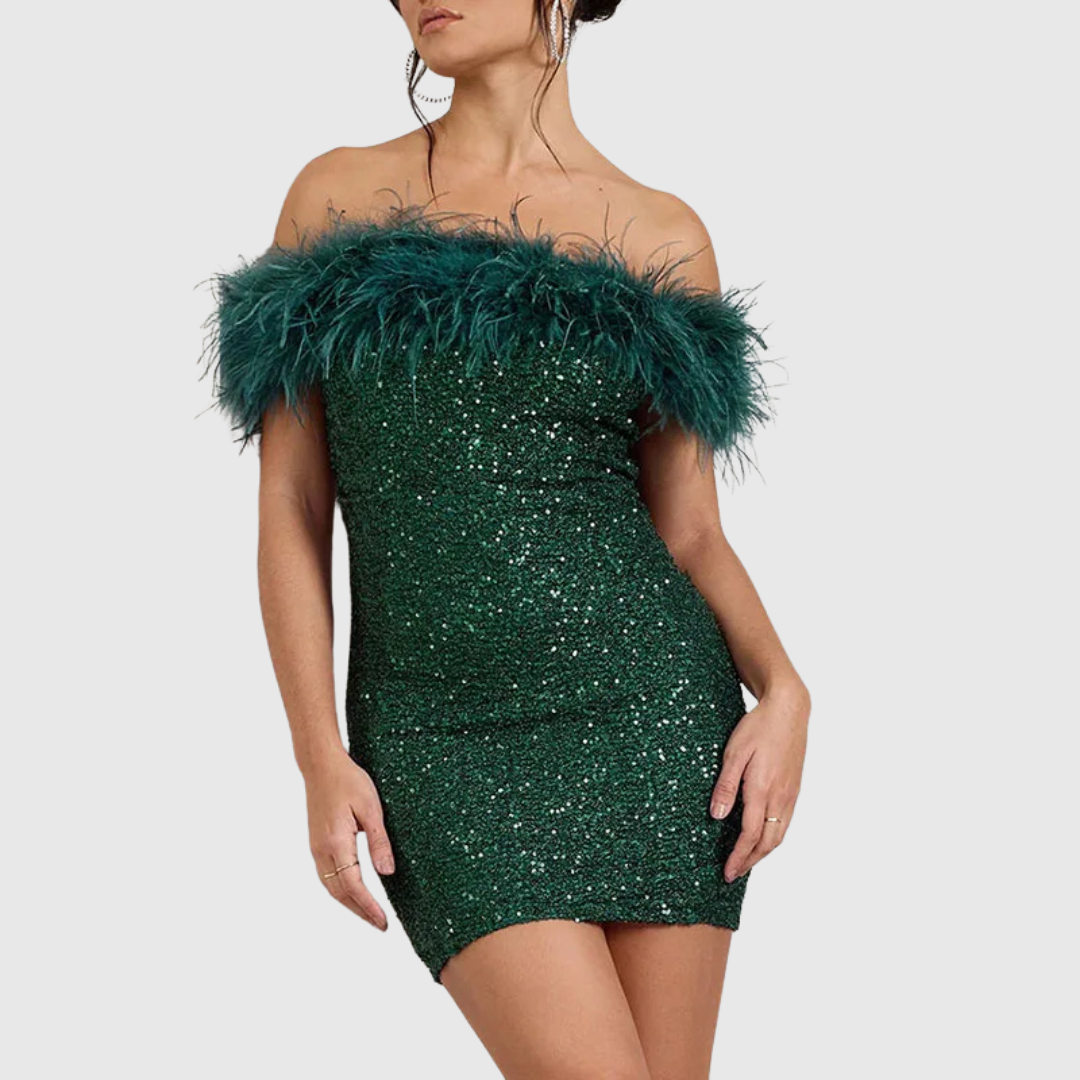 Adriana | Elegant Off-Shoulder Glitter Dress - Maison Léa &amp; Lou