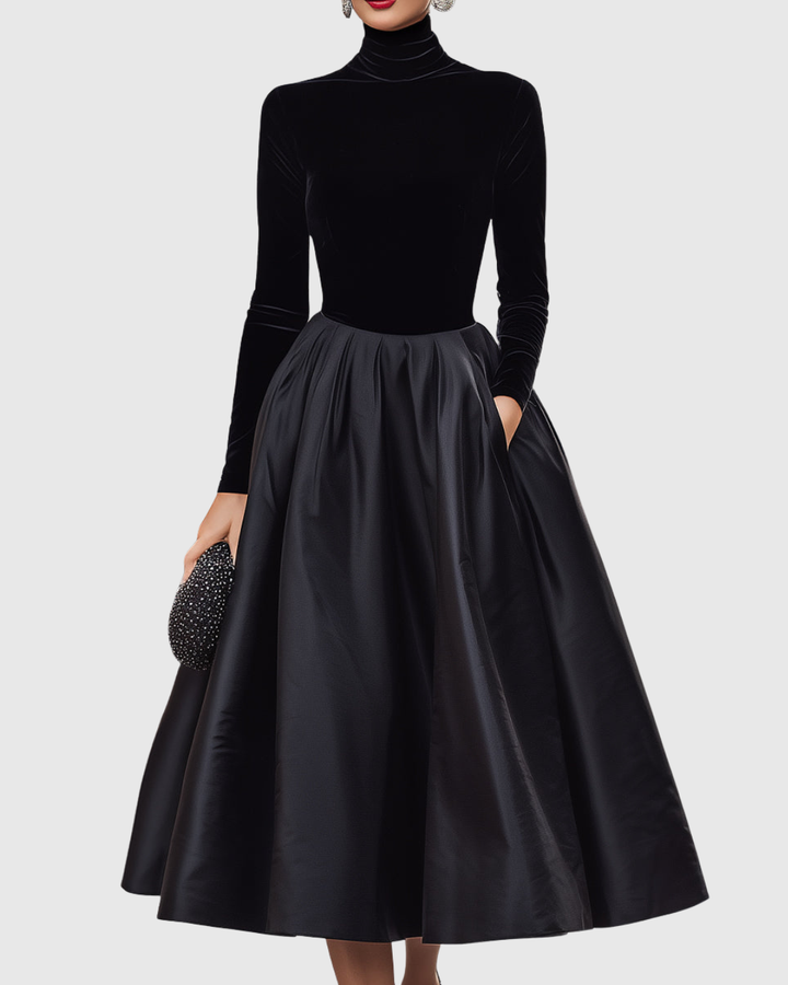 Aradia - Elegant Black Velvet and Satin Midi Dress - Maison Léa &amp; Lou
