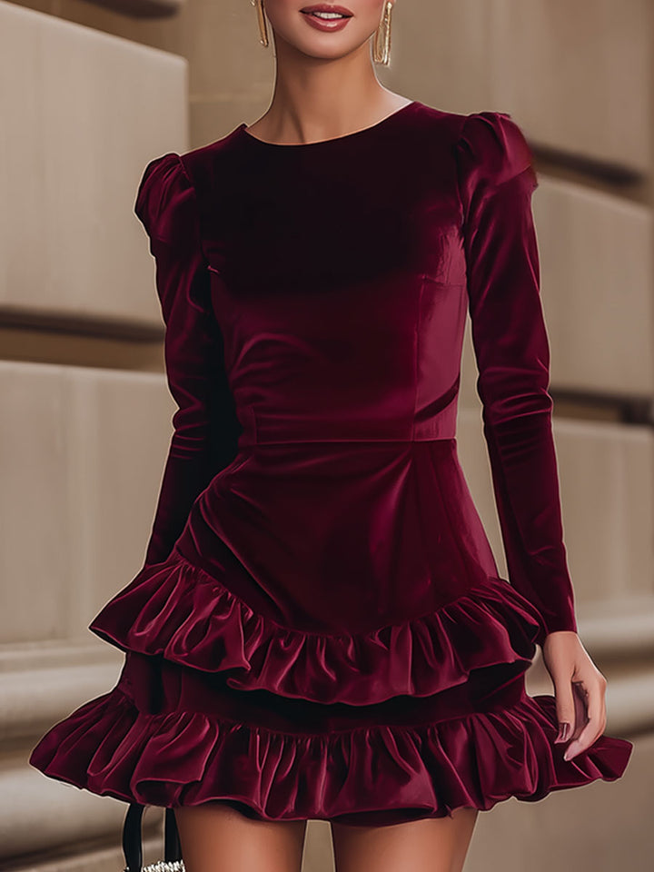 Aurelia | Burgundy Velvet Ruffle Dress - Maison Léa &amp; Lou