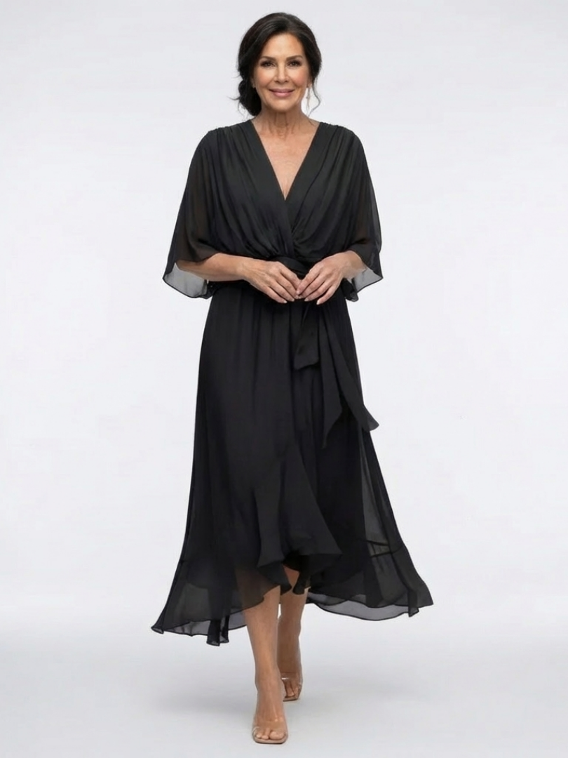 Elysia | V Neck Draped Waist Tie Midi Dress - Maison Léa & Lou