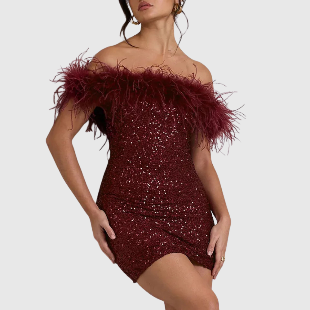 Adriana | Elegant Off-Shoulder Glitter Dress - Maison Léa & Lou