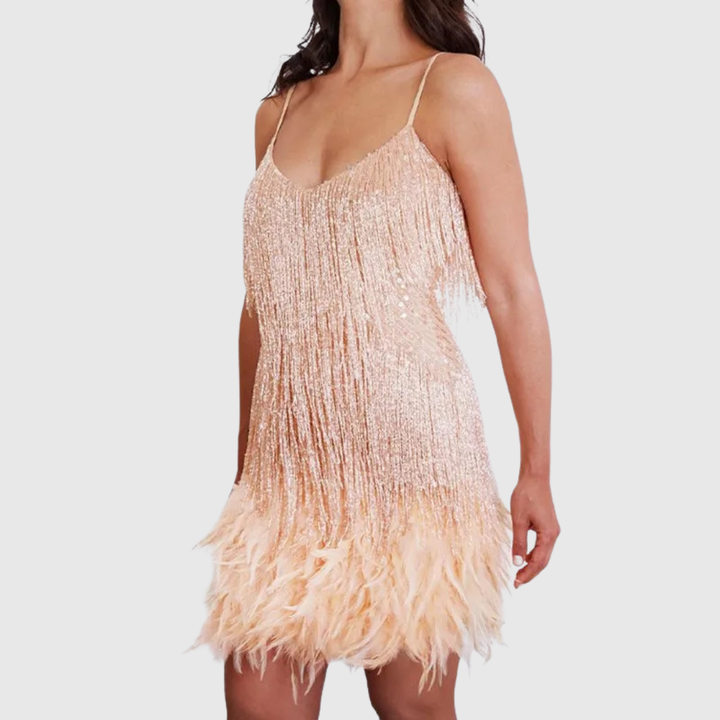 Isimay | Cocktail Dress with Feather Fringe - Maison Léa &amp; Lou