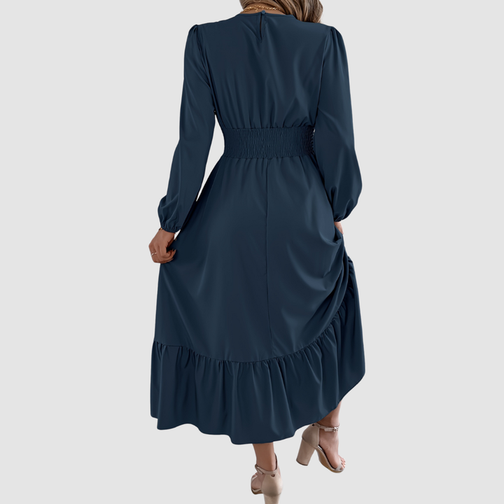 Isola Lane | Navy Ruffled Hem Midi Dress - Maison Léa &amp; Lou