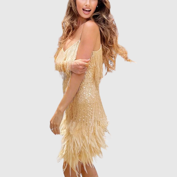 Isimay | Cocktail Dress with Feather Fringe - Maison Léa &amp; Lou