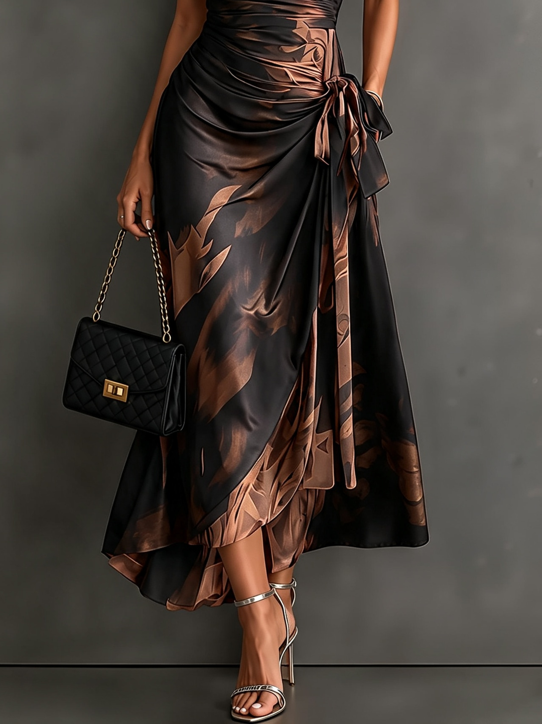 Brown and Black Abstract Print Crossed Midi Dress