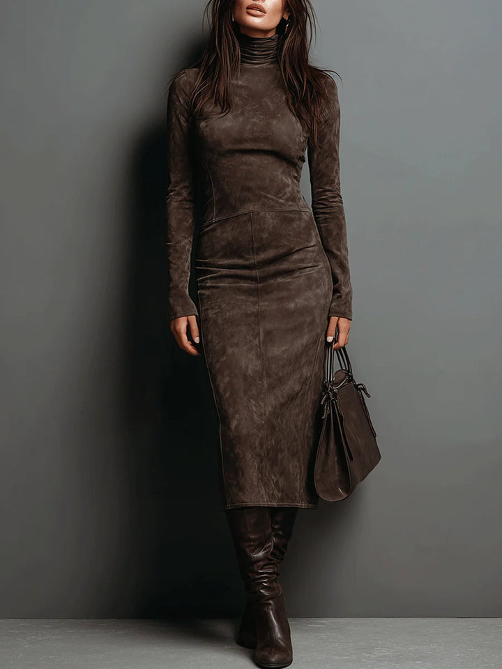 Lorène | Brown Midi Dress with Suede Effect