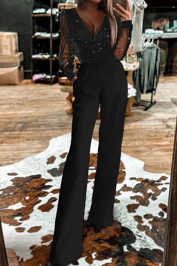 Islie | Jumpsuit with Sheer Sleeves and Wide Legs - Maison Léa &amp; Lou